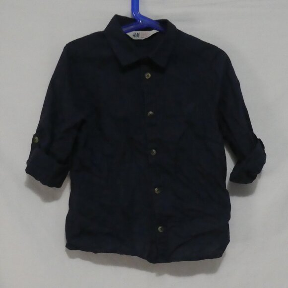 H&M | 5-6 years | Dark Navy Blue Button-Up Linen / Cotton Shirt | Roll Tabs - Picture 1 of 16